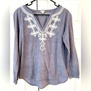 J.Crew Women’s Blue Floral Embroidered Long Sleeve Cotton Blouse Shirt Sz XS